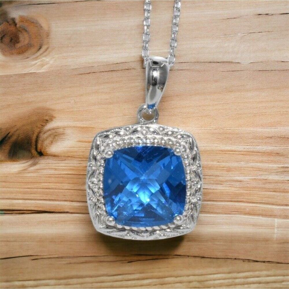 9.75ct Blue Topaz Pendant Necklace 18 Inch 925 Sterling Silver Chain Birthstone